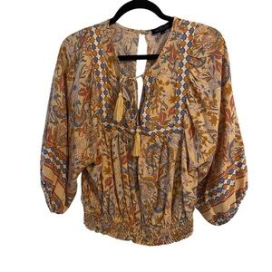 Rachel Zoe Yellow Boho Floral Smocked Indie Womens Size S Tassel Keyhole Peasant